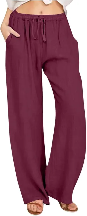 Women's Cotton Linen Pants Summer Wide Leg Pants Casual Loose Drawstring High Waist Palazzo Pants Trousers Pockets