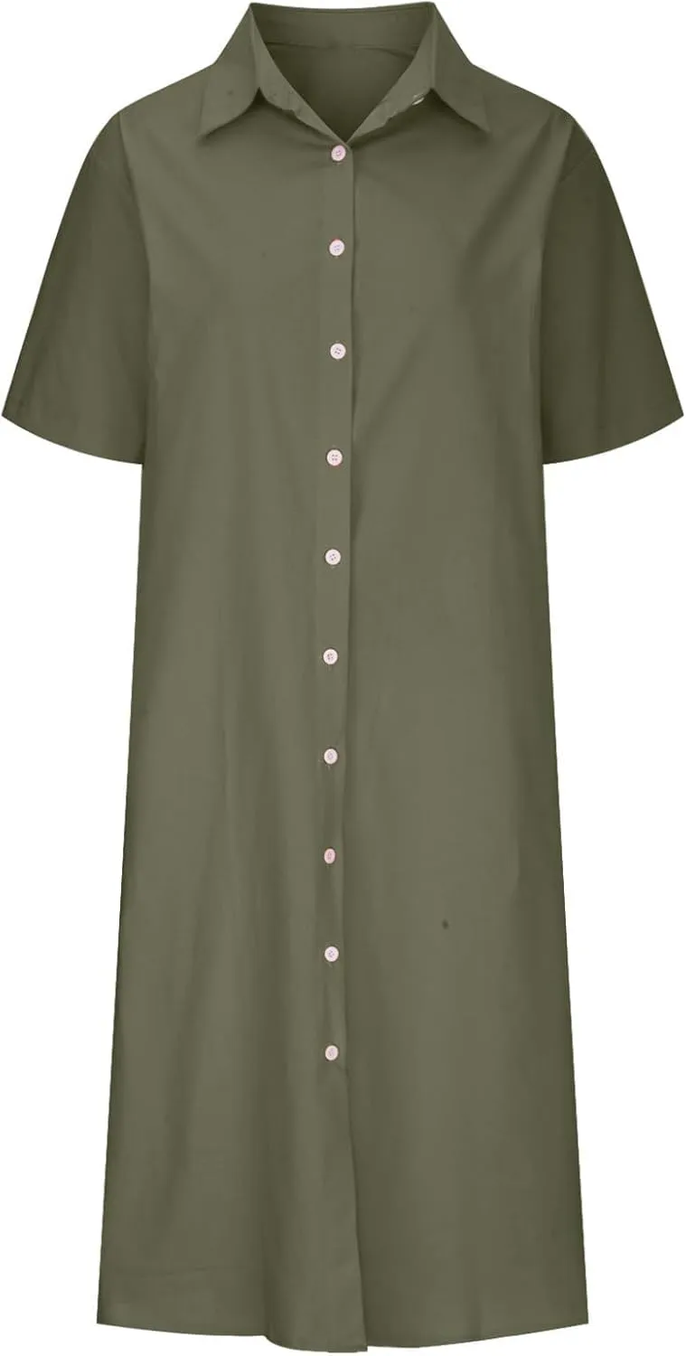 Womens Cotton Linen Shirt Dresses Button Down Rolled-Up Sleeve Sundress Bathing Suit Cover Ups Vacation Swimwear