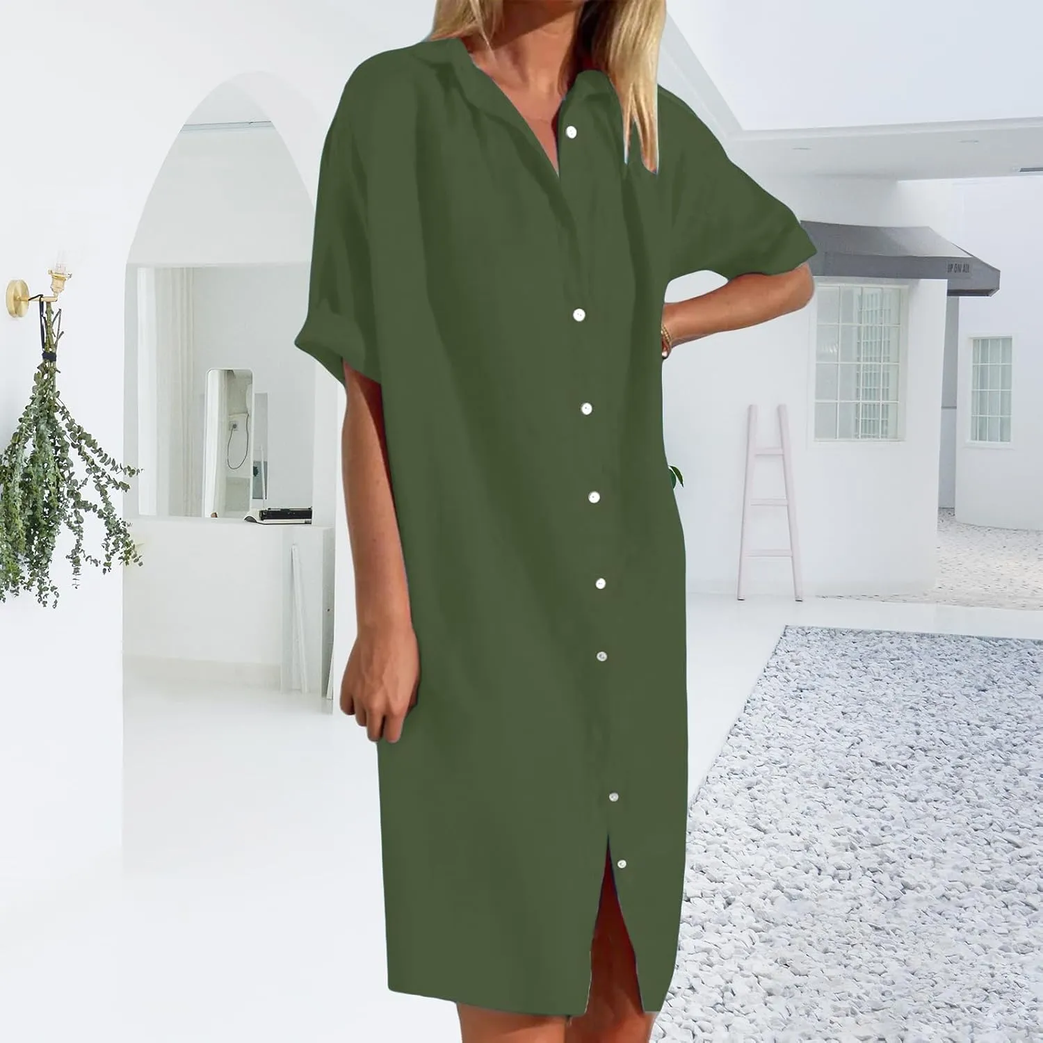 Womens Cotton Linen Shirt Dresses Button Down Rolled-Up Sleeve Sundress Bathing Suit Cover Ups Vacation Swimwear