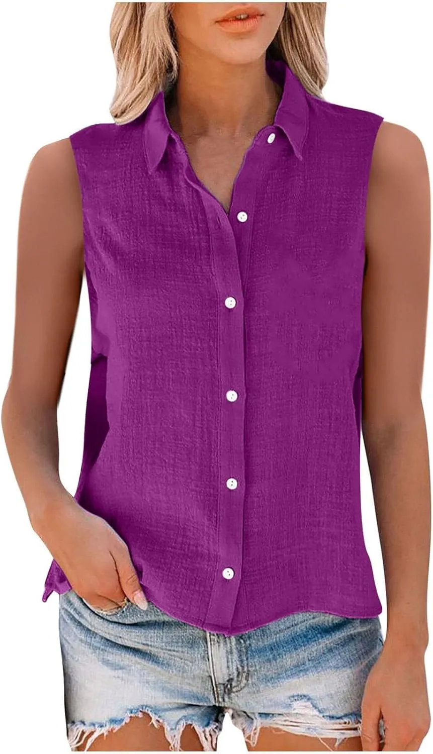 Women's Cotton Linen Shirts Sleeveless Collared Tops Oversized Button Up Blouses Work Shirts Casual Summer Tshirt