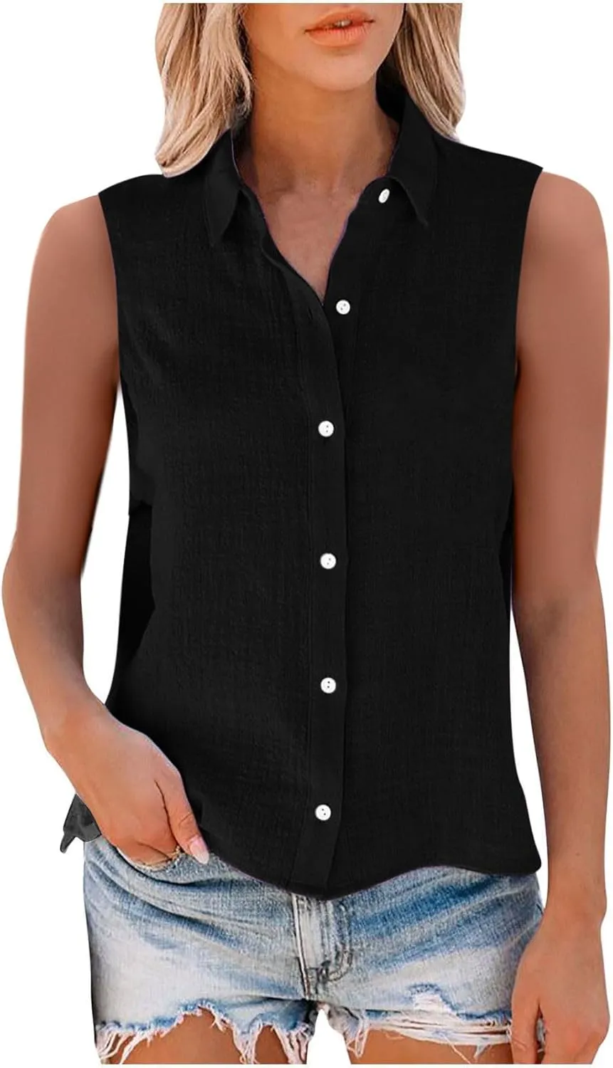 Women's Cotton Linen Shirts Sleeveless Collared Tops Oversized Button Up Blouses Work Shirts Casual Summer Tshirt