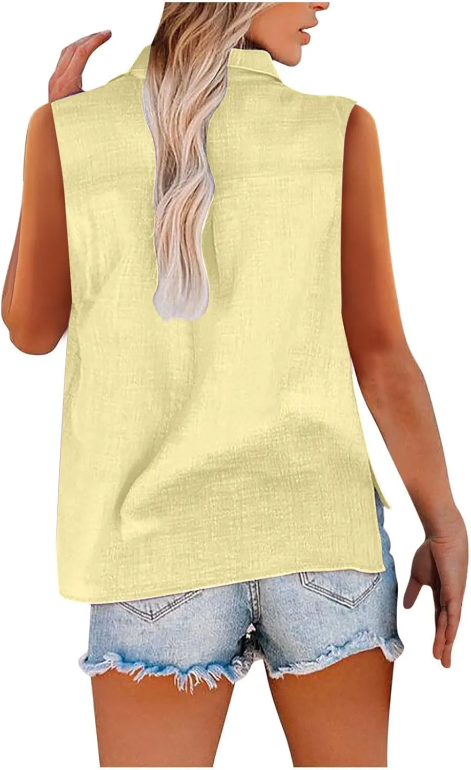 Women's Cotton Linen Shirts Sleeveless Collared Tops Oversized Button Up Blouses Work Shirts Casual Summer Tshirt