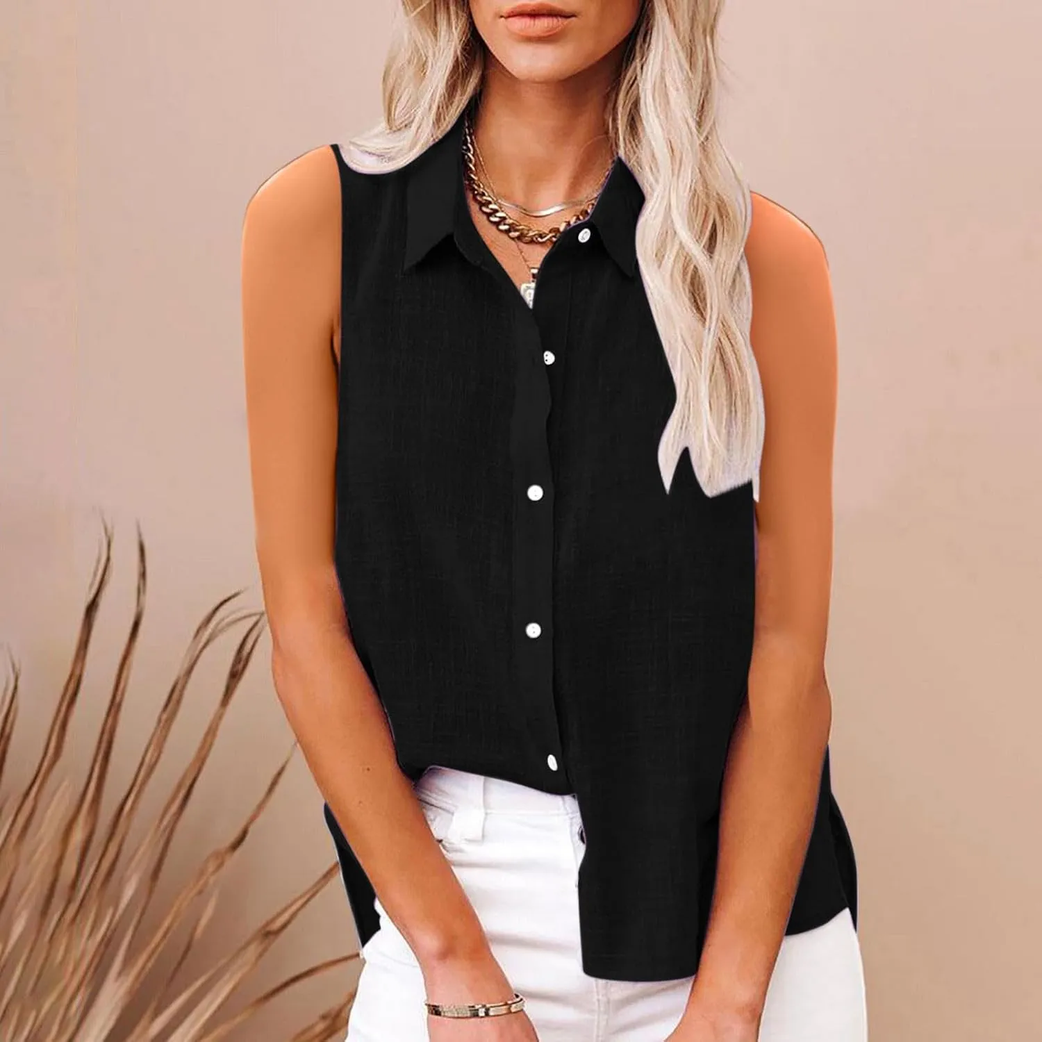 Women's Cotton Linen Shirts Sleeveless Collared Tops Oversized Button Up Blouses Work Shirts Casual Summer Tshirt