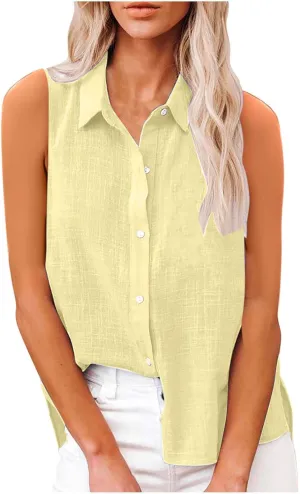 Women's Cotton Linen Shirts Sleeveless Collared Tops Oversized Button Up Blouses Work Shirts Casual Summer Tshirt