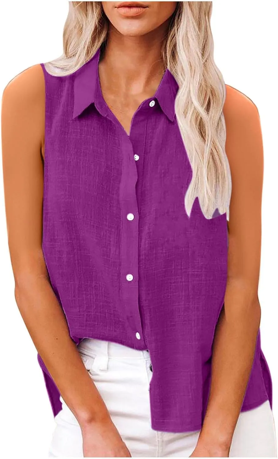 Women's Cotton Linen Shirts Sleeveless Collared Tops Oversized Button Up Blouses Work Shirts Casual Summer Tshirt