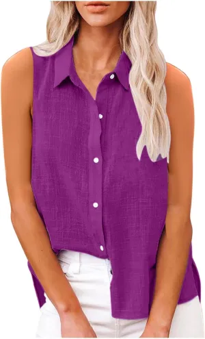 Women's Cotton Linen Shirts Sleeveless Collared Tops Oversized Button Up Blouses Work Shirts Casual Summer Tshirt