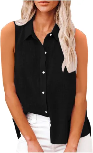 Women's Cotton Linen Shirts Sleeveless Collared Tops Oversized Button Up Blouses Work Shirts Casual Summer Tshirt