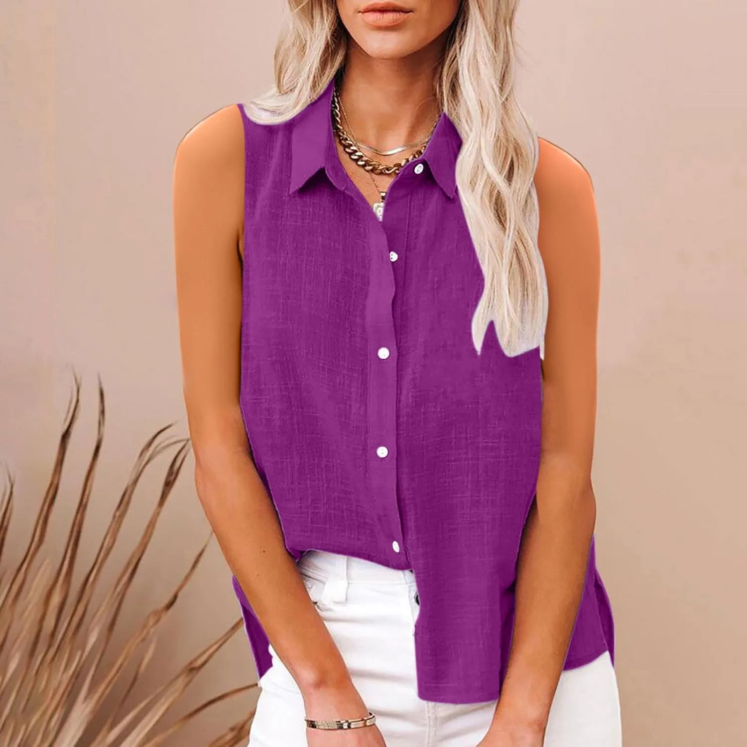 Women's Cotton Linen Shirts Sleeveless Collared Tops Oversized Button Up Blouses Work Shirts Casual Summer Tshirt