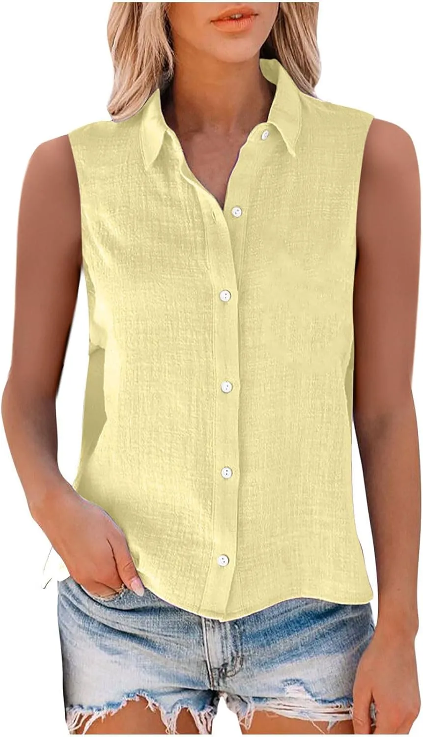 Women's Cotton Linen Shirts Sleeveless Collared Tops Oversized Button Up Blouses Work Shirts Casual Summer Tshirt