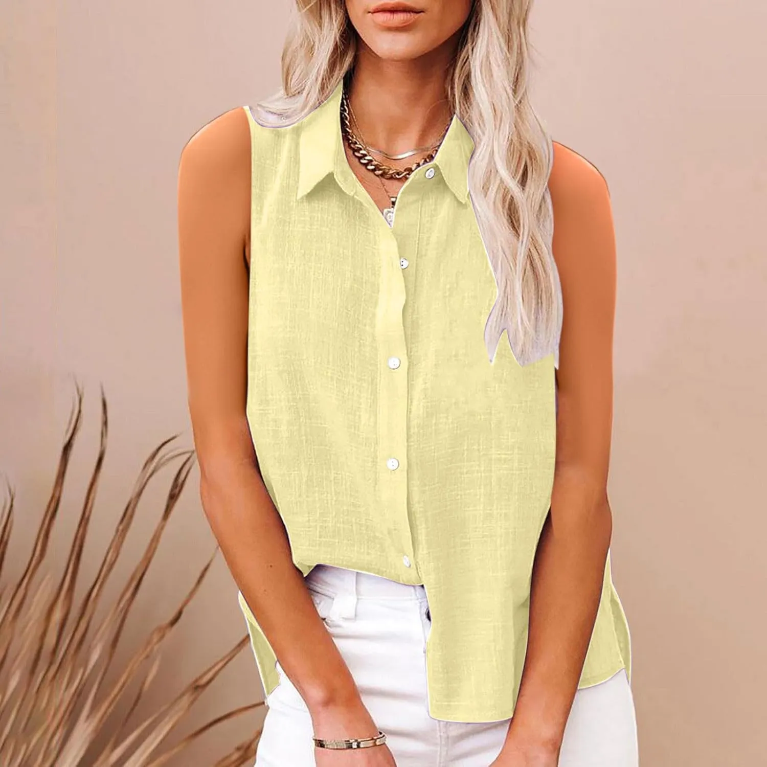 Women's Cotton Linen Shirts Sleeveless Collared Tops Oversized Button Up Blouses Work Shirts Casual Summer Tshirt
