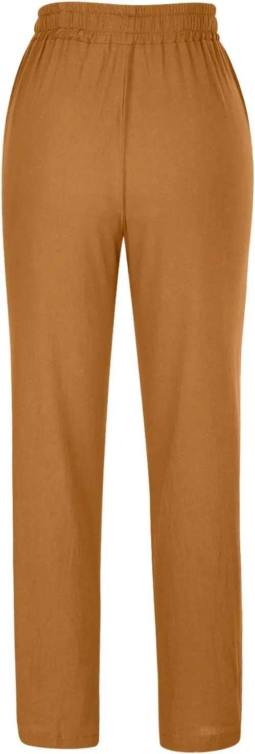 Women's Cotton Linen Straight Leg Pants Casual Drawstring Elastic Waist Trousers with Pockets Beach Lounge Pant