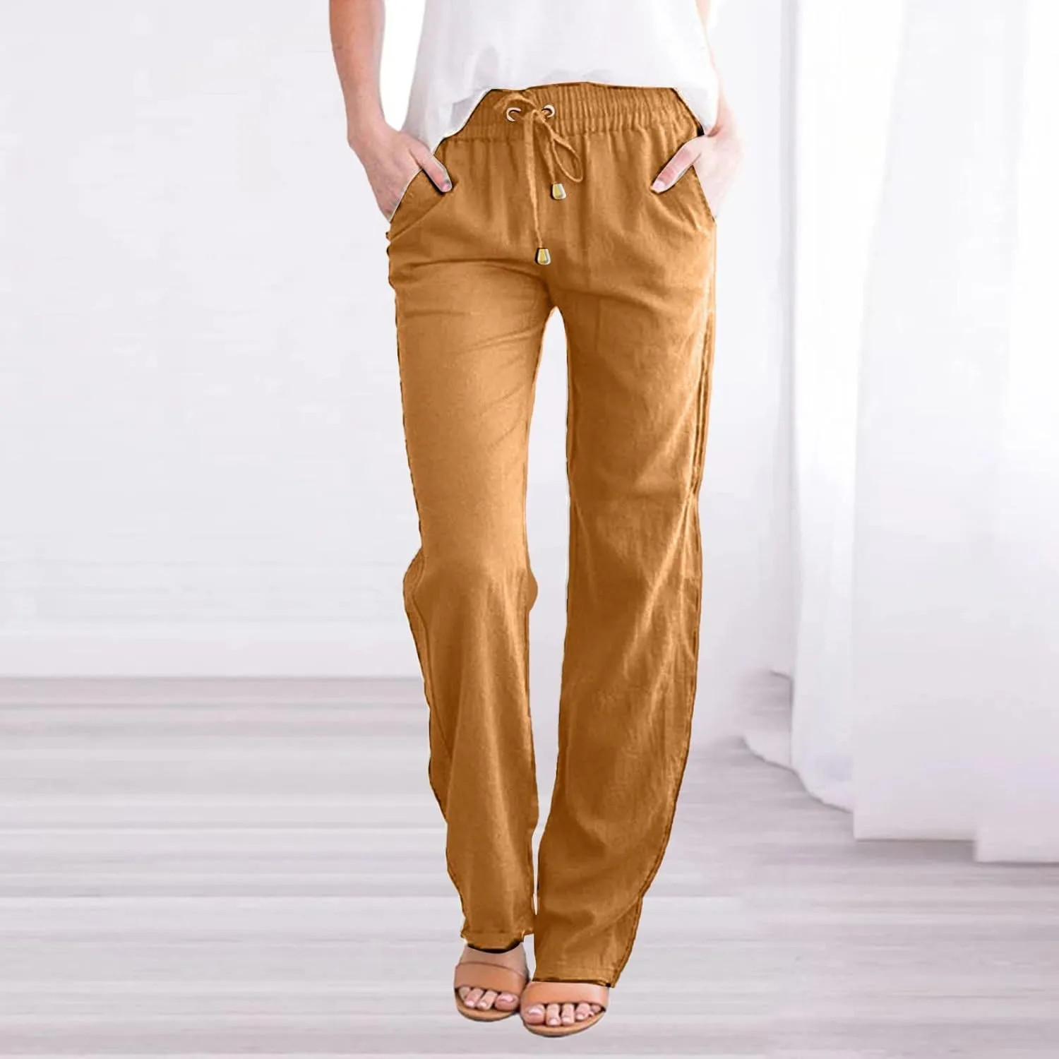 Women's Cotton Linen Straight Leg Pants Casual Drawstring Elastic Waist Trousers with Pockets Beach Lounge Pant