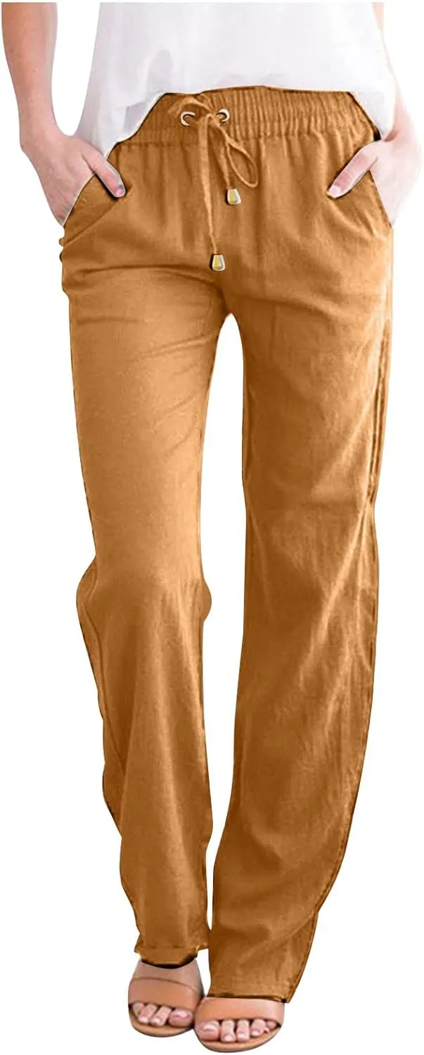 Women's Cotton Linen Straight Leg Pants Casual Drawstring Elastic Waist Trousers with Pockets Beach Lounge Pant