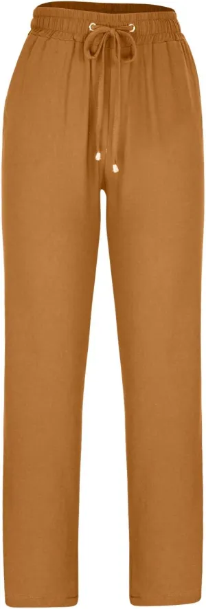 Women's Cotton Linen Straight Leg Pants Casual Drawstring Elastic Waist Trousers with Pockets Beach Lounge Pant