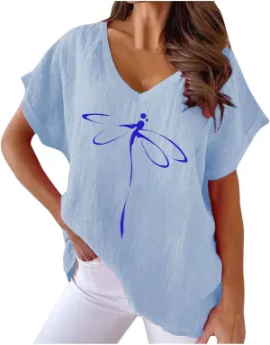 Womens Cotton Linen T Shirts Fashion V Neck Floral Tops Summer Short Sleeve Loose Shirt Beach Vacation Clothes 2025