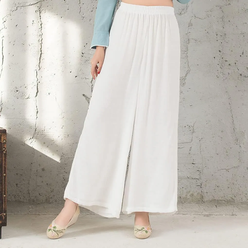 Women's Cotton Linen Wrap Front Hanfu Robe/Wide Leg Trousers Chinese Kung Fu Uniform Yoga Wear Zen Meditation costume