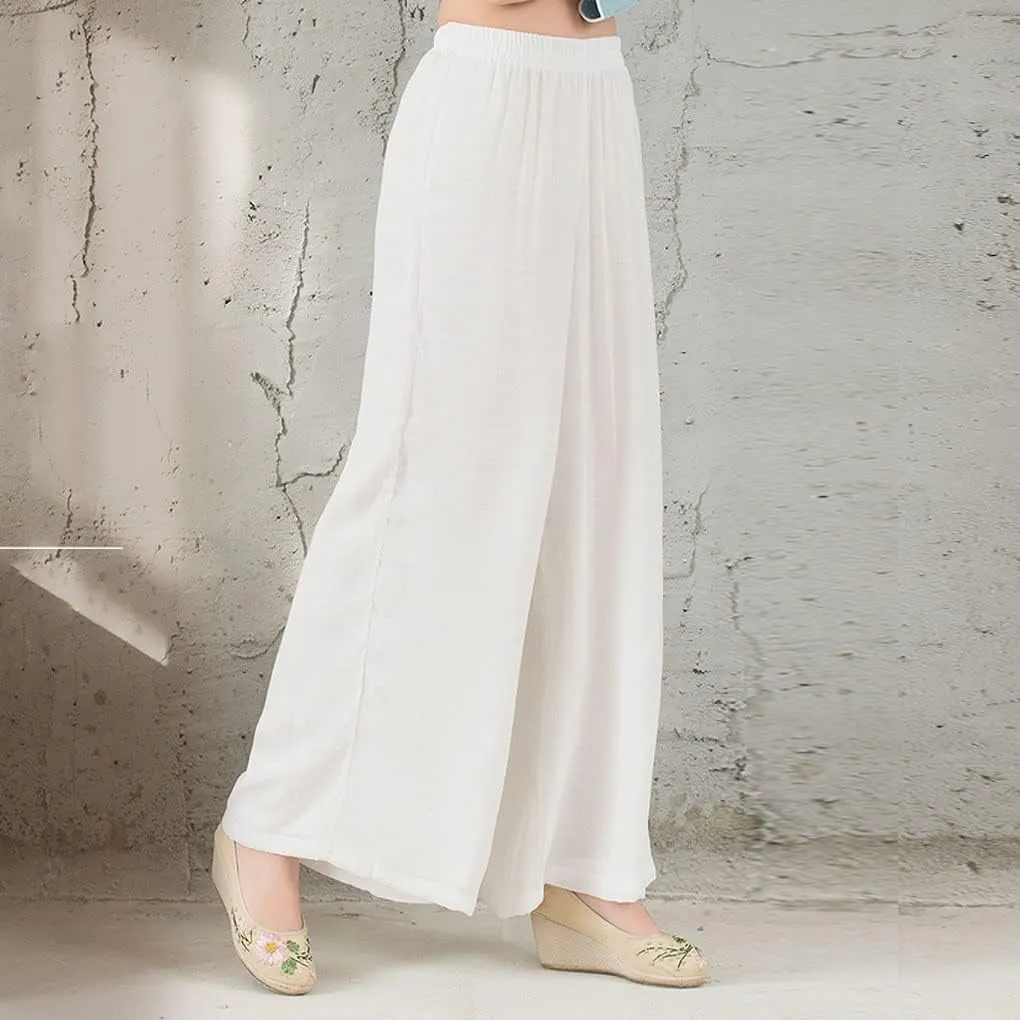 Women's Cotton Linen Wrap Front Hanfu Robe/Wide Leg Trousers Chinese Kung Fu Uniform Yoga Wear Zen Meditation costume
