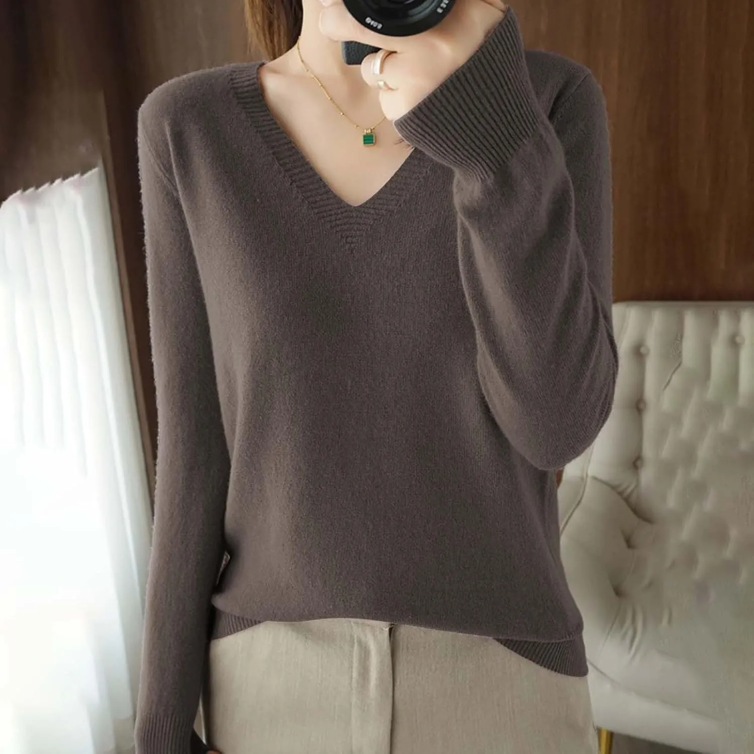 Womens Cotton Wool Base Layer Shirts Casual Basic Crew Neck Knit Sweaters Long Sleeve Winter Thermal Pullover Tops