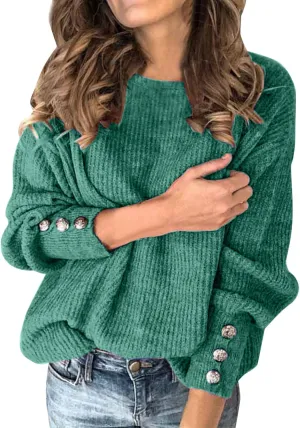 Women's Crewneck Sweater Solid Chunky Cable Knit Pullover Jumper Button Sleeve Tops Trendy Thermal Shirts Plus Size