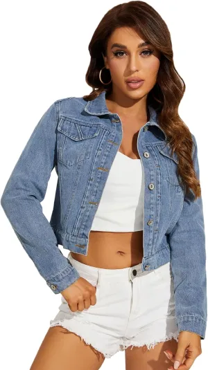 Women's Cropped Jean Jacket Button Up Casual Ripped Frayed Washed Denim Jacket