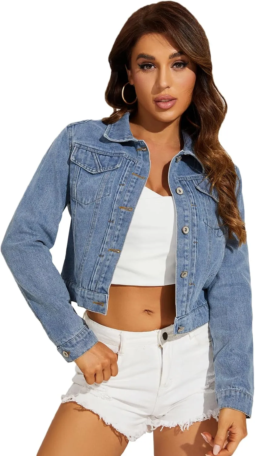 Women's Cropped Jean Jacket Button Up Casual Ripped Frayed Washed Denim Jacket