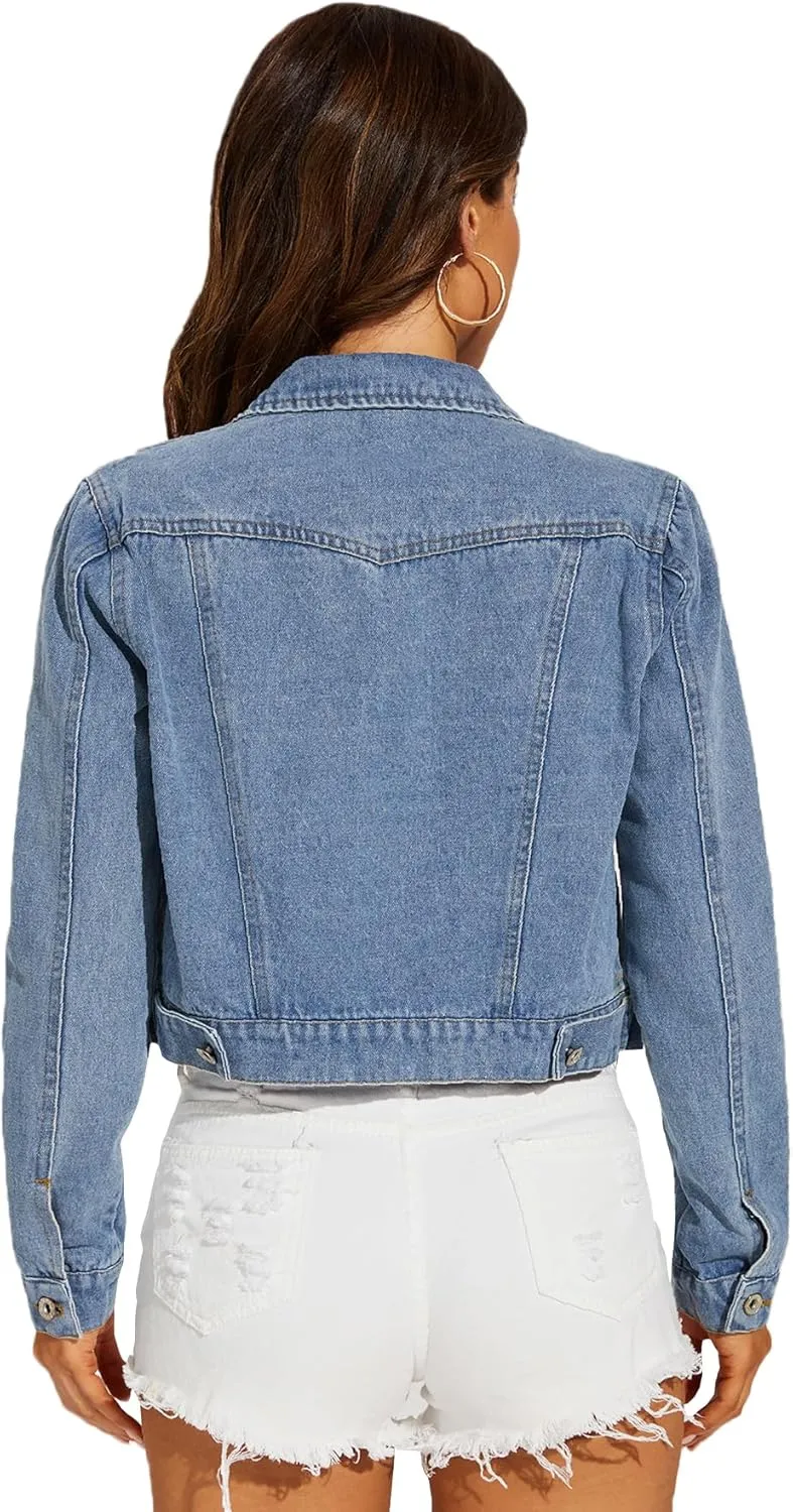 Women's Cropped Jean Jacket Button Up Casual Ripped Frayed Washed Denim Jacket