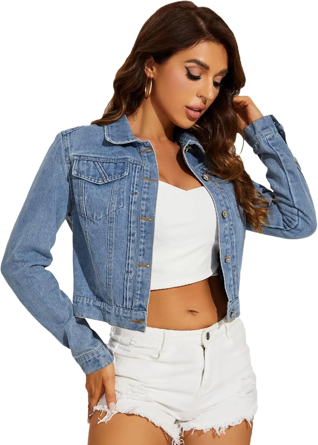 Women's Cropped Jean Jacket Button Up Casual Ripped Frayed Washed Denim Jacket
