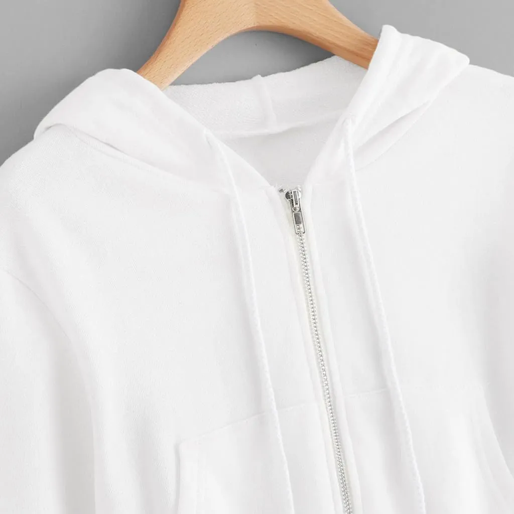 Womens Cropped Solid Color Hoodies Fleece Long Sleeve Sweatshirts Full-Zipper Pullover with Pockets Fall Outfits