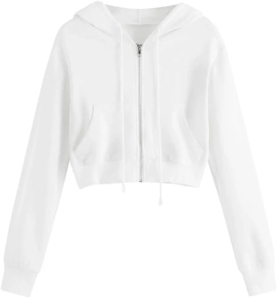 Womens Cropped Solid Color Hoodies Fleece Long Sleeve Sweatshirts Full-Zipper Pullover with Pockets Fall Outfits
