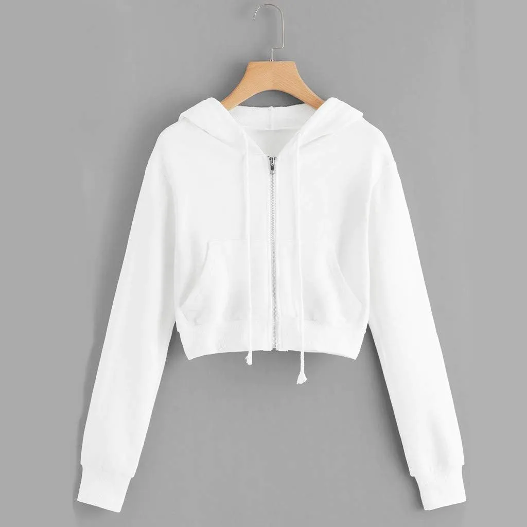 Womens Cropped Solid Color Hoodies Fleece Long Sleeve Sweatshirts Full-Zipper Pullover with Pockets Fall Outfits