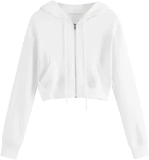 Womens Cropped Solid Color Hoodies Fleece Long Sleeve Sweatshirts Full-Zipper Pullover with Pockets Fall Outfits