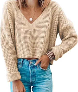Women's Cropped Sweaters V Neck Long Sleeve Waffle Knit Pullover Sweaters