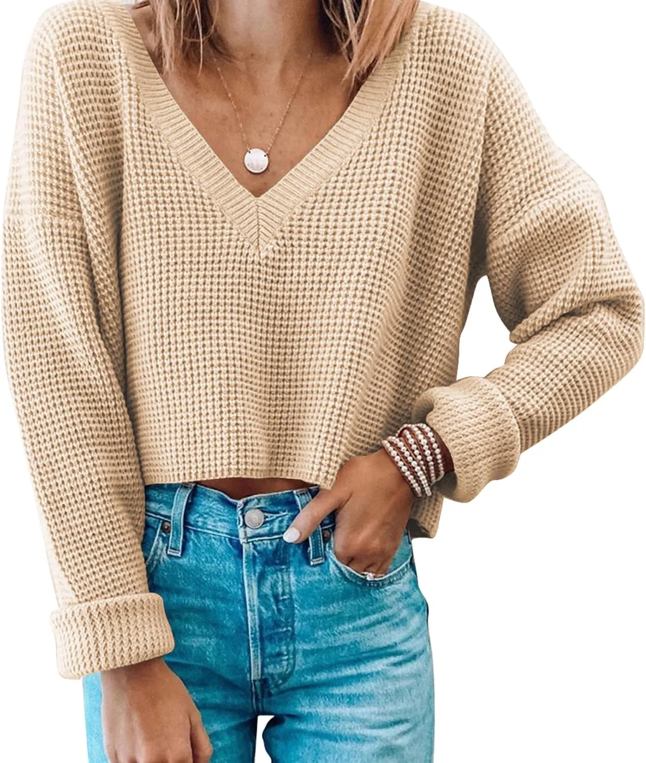 Women's Cropped Sweaters V Neck Long Sleeve Waffle Knit Pullover Sweaters