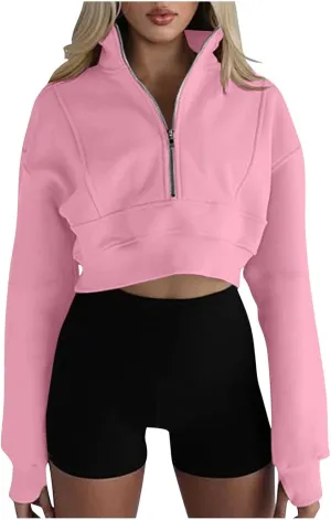 Women's Cropped Sweatshrits Thumb Hole Zip Up Pullover Sweatshirt Long Sleeve Workout Tops Y2k Cropped Sweatshirt