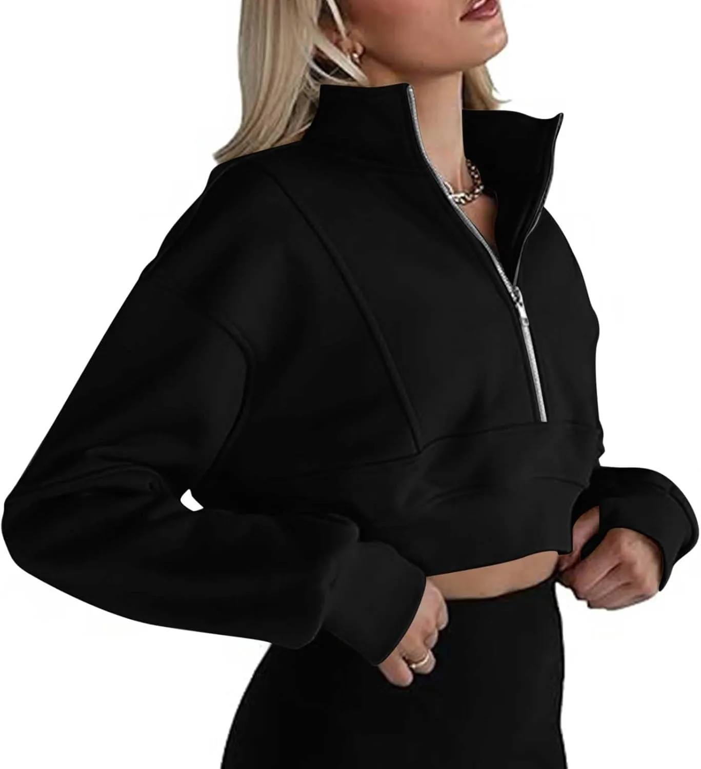 Women's Cropped Sweatshrits Thumb Hole Zip Up Pullover Sweatshirt Long Sleeve Workout Tops Y2k Cropped Sweatshirt