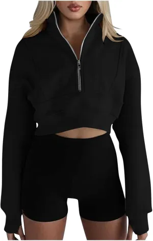 Women's Cropped Sweatshrits Thumb Hole Zip Up Pullover Sweatshirt Long Sleeve Workout Tops Y2k Cropped Sweatshirt