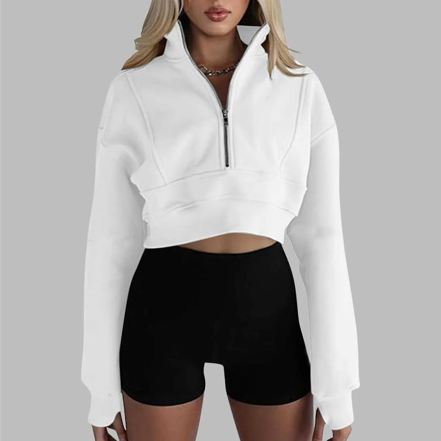 Women's Cropped Sweatshrits Thumb Hole Zip Up Pullover Sweatshirt Long Sleeve Workout Tops Y2k Cropped Sweatshirt