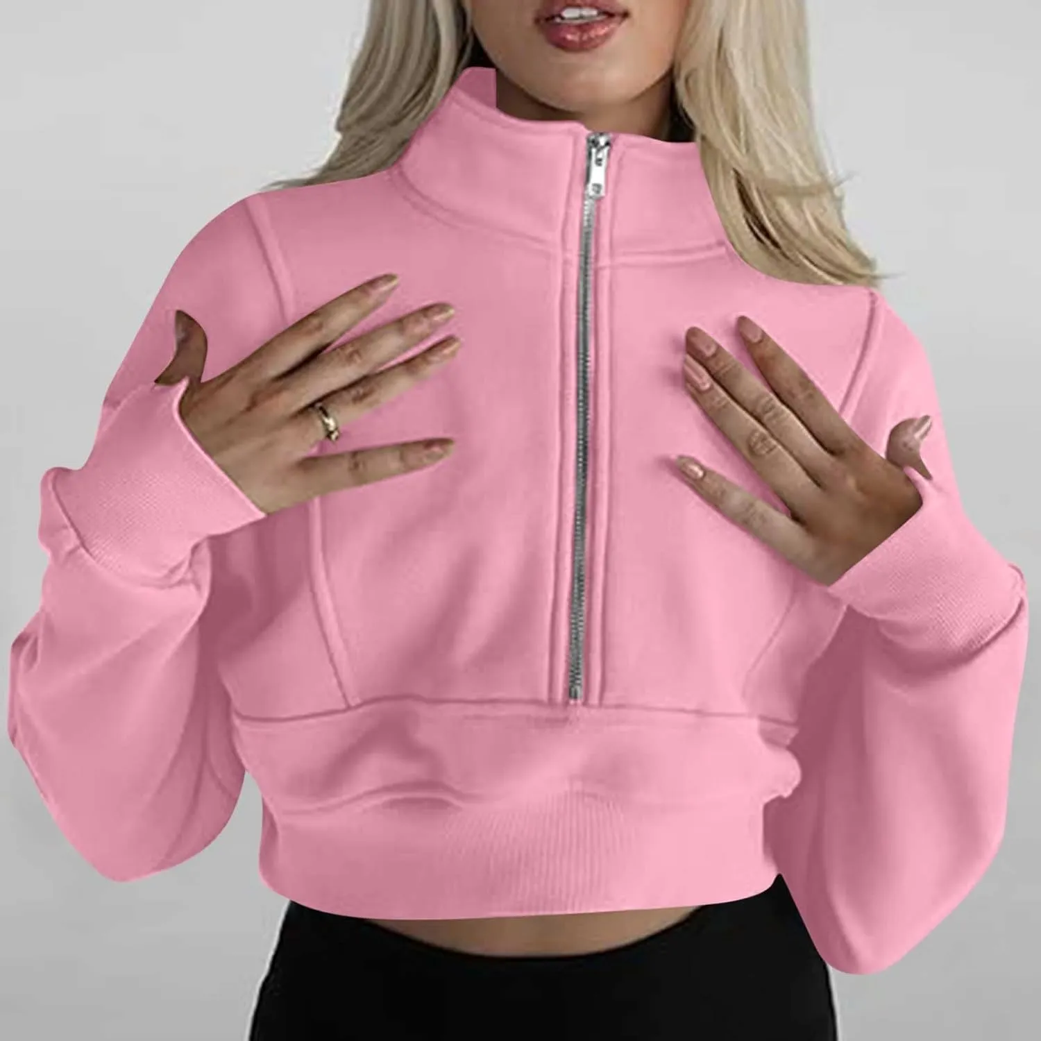 Women's Cropped Sweatshrits Thumb Hole Zip Up Pullover Sweatshirt Long Sleeve Workout Tops Y2k Cropped Sweatshirt