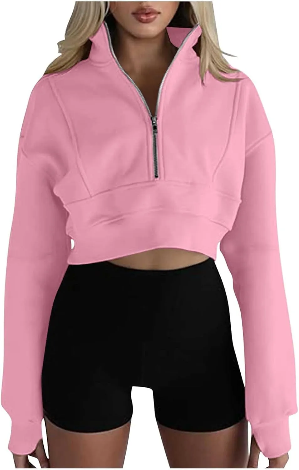 Women's Cropped Sweatshrits Thumb Hole Zip Up Pullover Sweatshirt Long Sleeve Workout Tops Y2k Cropped Sweatshirt