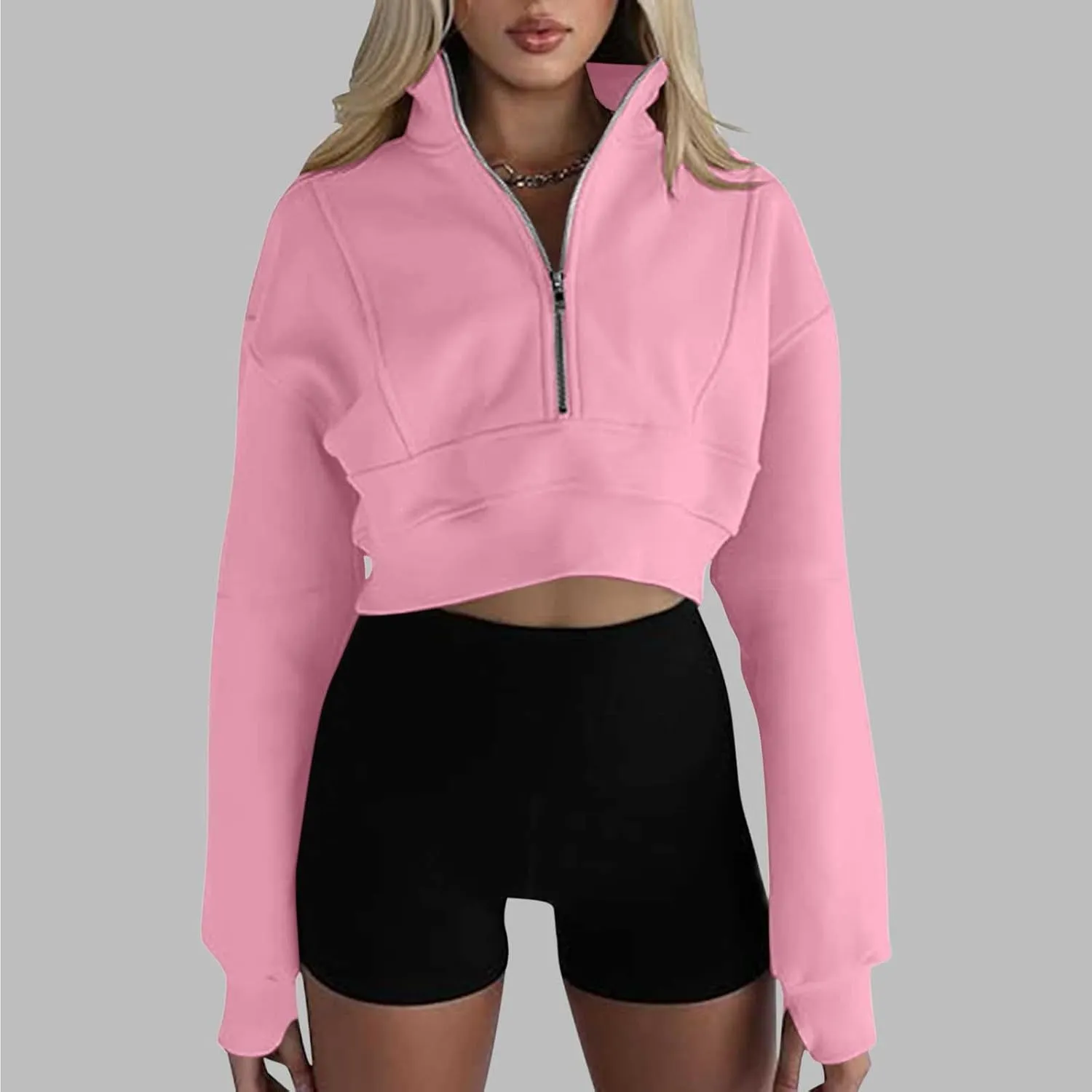 Women's Cropped Sweatshrits Thumb Hole Zip Up Pullover Sweatshirt Long Sleeve Workout Tops Y2k Cropped Sweatshirt