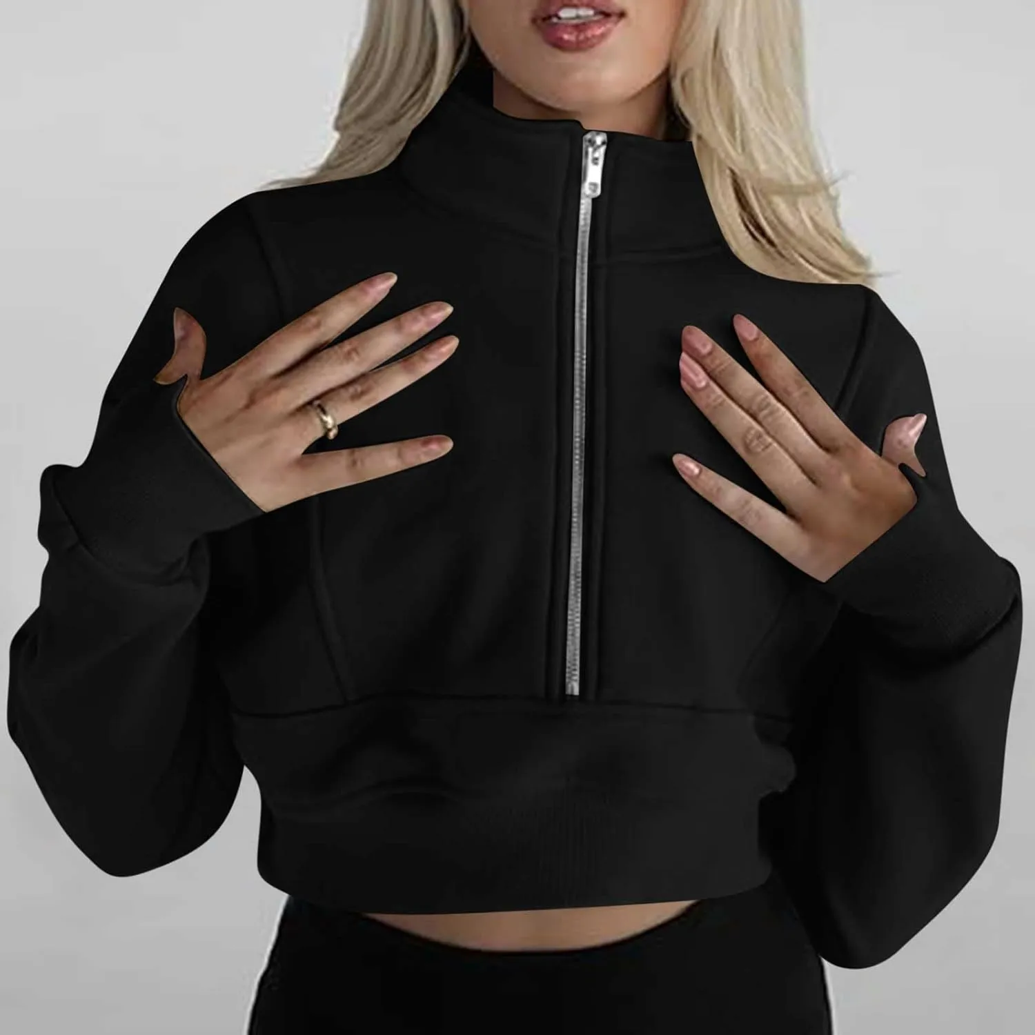 Women's Cropped Sweatshrits Thumb Hole Zip Up Pullover Sweatshirt Long Sleeve Workout Tops Y2k Cropped Sweatshirt