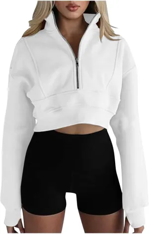 Women's Cropped Sweatshrits Thumb Hole Zip Up Pullover Sweatshirt Long Sleeve Workout Tops Y2k Cropped Sweatshirt