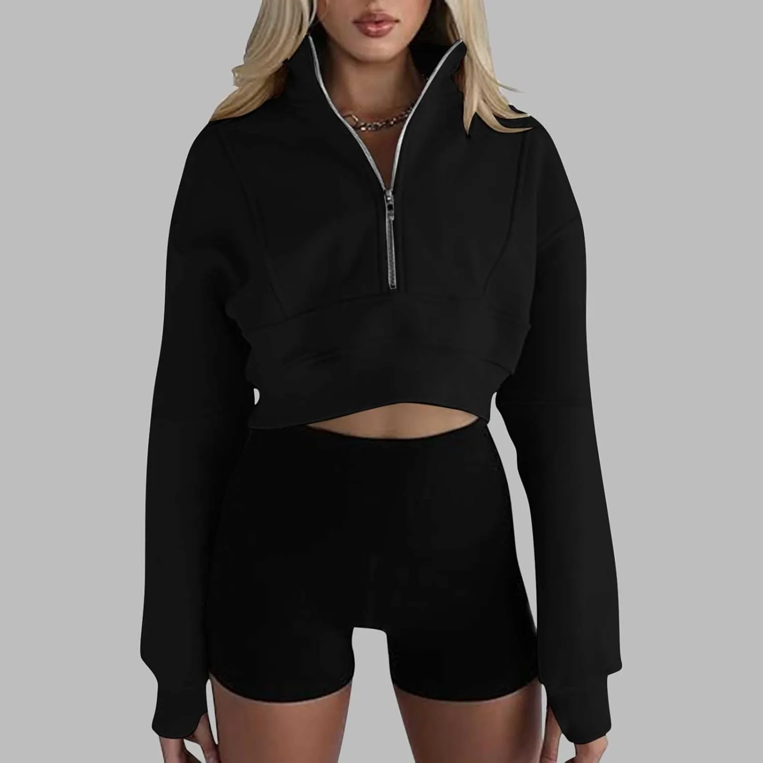 Women's Cropped Sweatshrits Thumb Hole Zip Up Pullover Sweatshirt Long Sleeve Workout Tops Y2k Cropped Sweatshirt