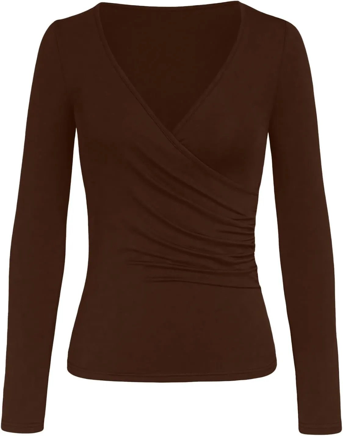 Women's Cross Wrap Ruched Plunge Sexy Deep V Neck Slim Fit Long Sleeve Fleece Lined T Shirt Tunic Tops Tee Black T Shirt