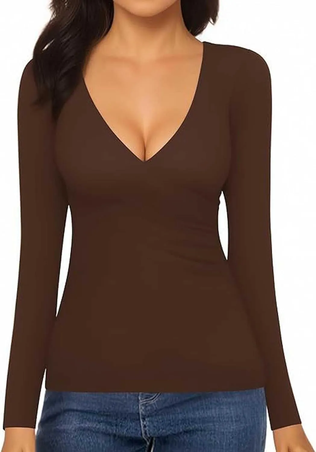 Women's Cross Wrap Ruched Plunge Sexy Deep V Neck Slim Fit Long Sleeve Fleece Lined T Shirt Tunic Tops Tee Black T Shirt