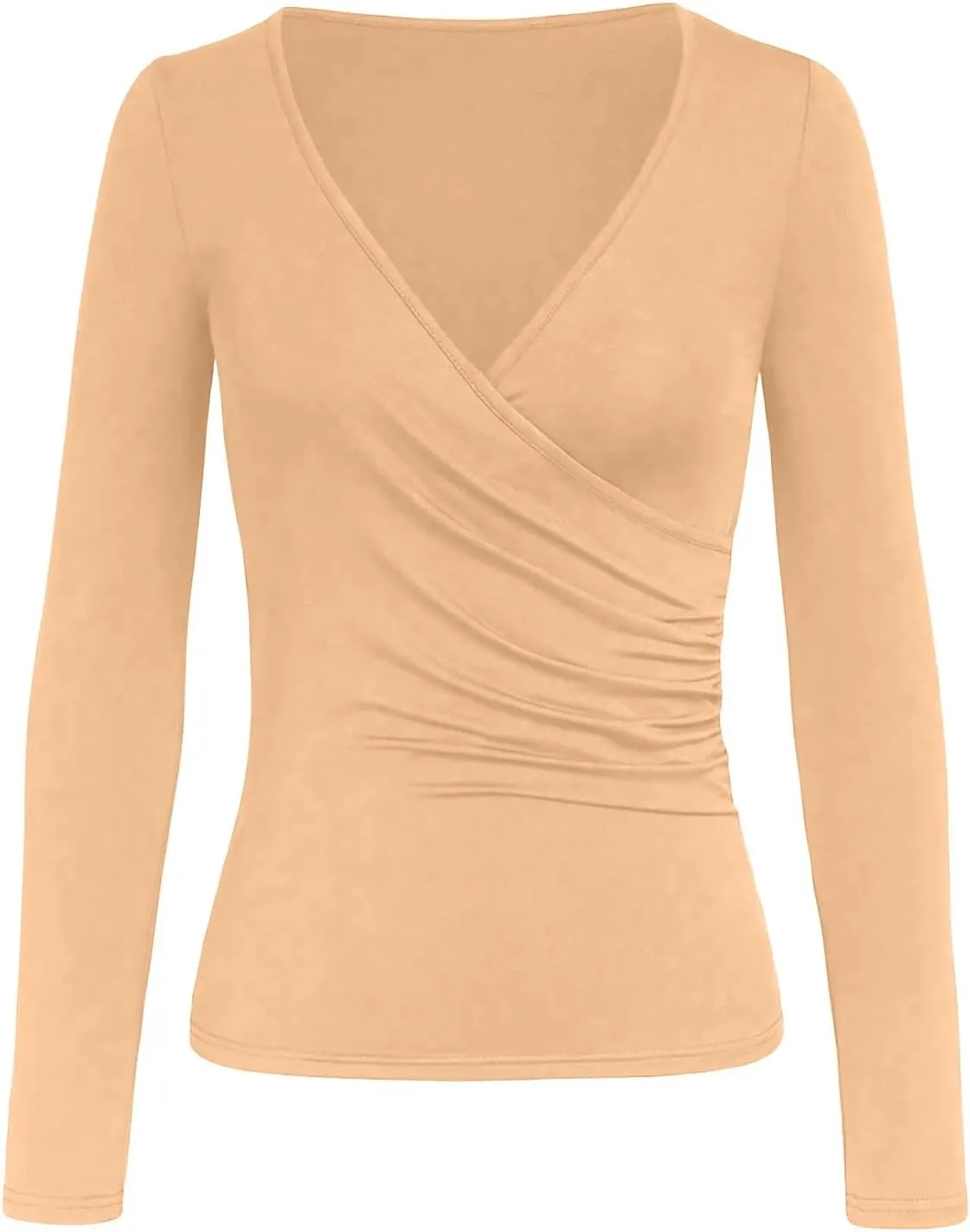 Women's Cross Wrap Ruched Plunge Sexy Deep V Neck Slim Fit Long Sleeve Fleece Lined T Shirt Tunic Tops Tee Black T Shirt