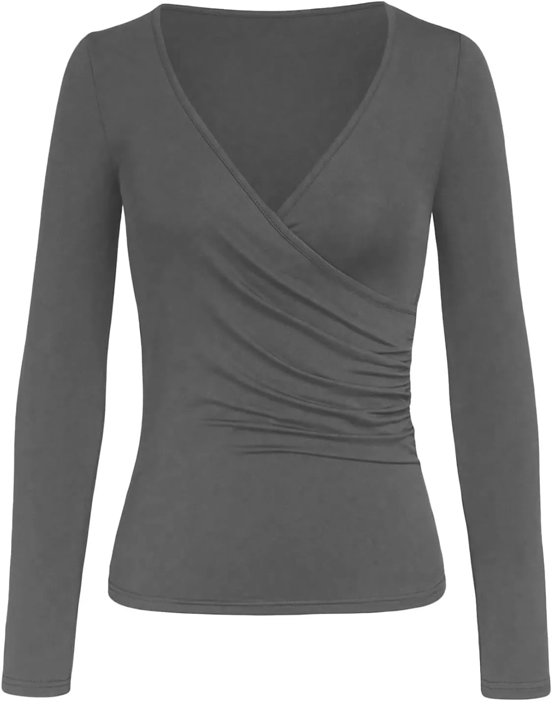 Women's Cross Wrap Ruched Plunge Sexy Deep V Neck Slim Fit Long Sleeve Fleece Lined T Shirt Tunic Tops Tee Womens