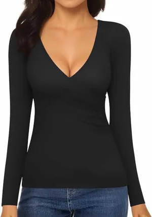 Women's Cross Wrap Ruched Plunge Sexy Deep V Neck Slim Fit Long Sleeve Fleece Lined T Shirt Tunic Tops Tee Womens