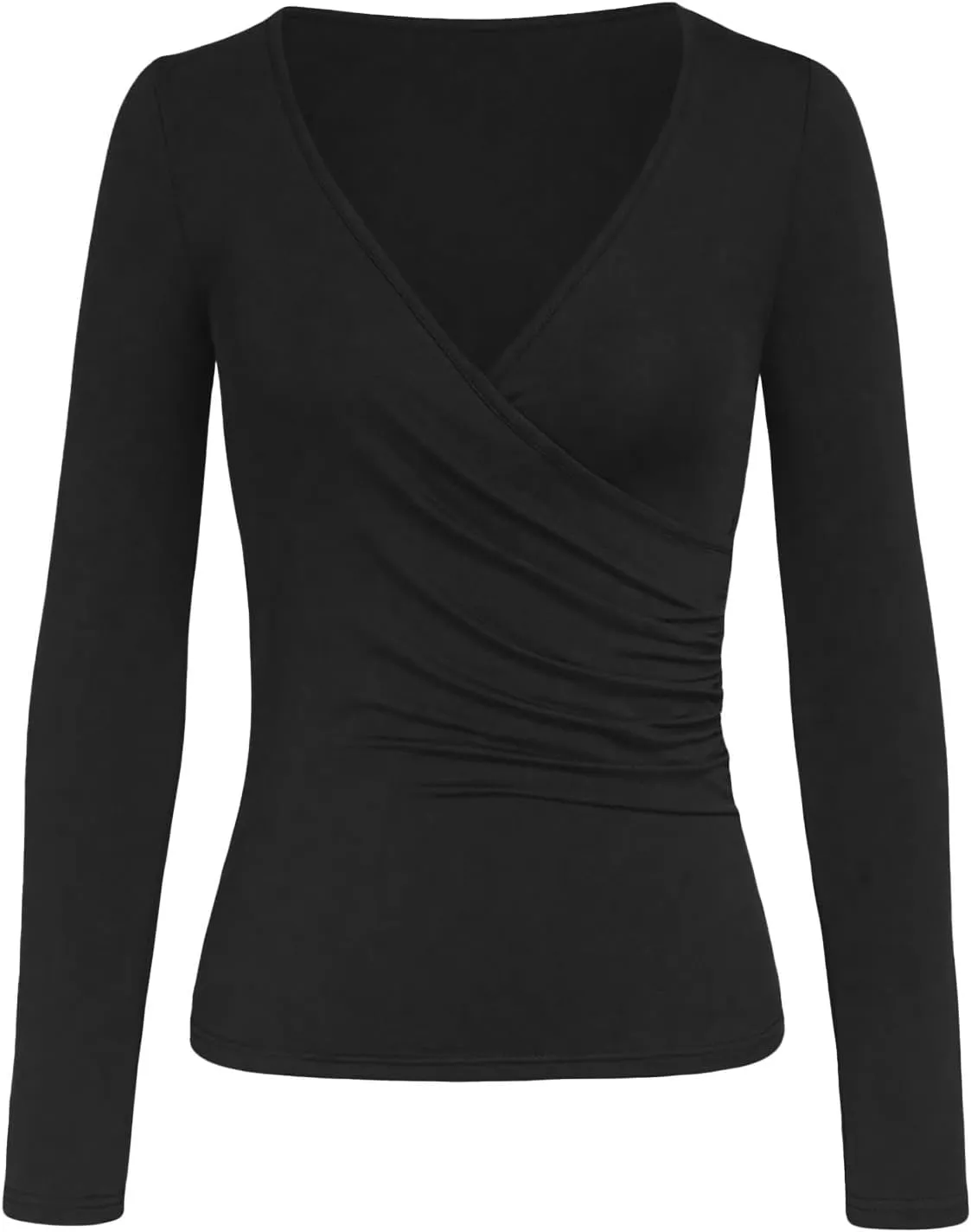 Women's Cross Wrap Ruched Plunge Sexy Deep V Neck Slim Fit Long Sleeve Fleece Lined T Shirt Tunic Tops Tee Womens