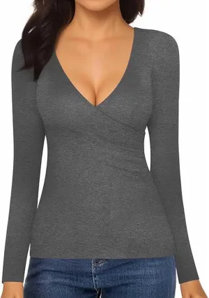 Women's Cross Wrap Ruched Plunge Sexy Deep V Neck Slim Fit Long Sleeve Fleece Lined T Shirt Tunic Tops Tee Womens